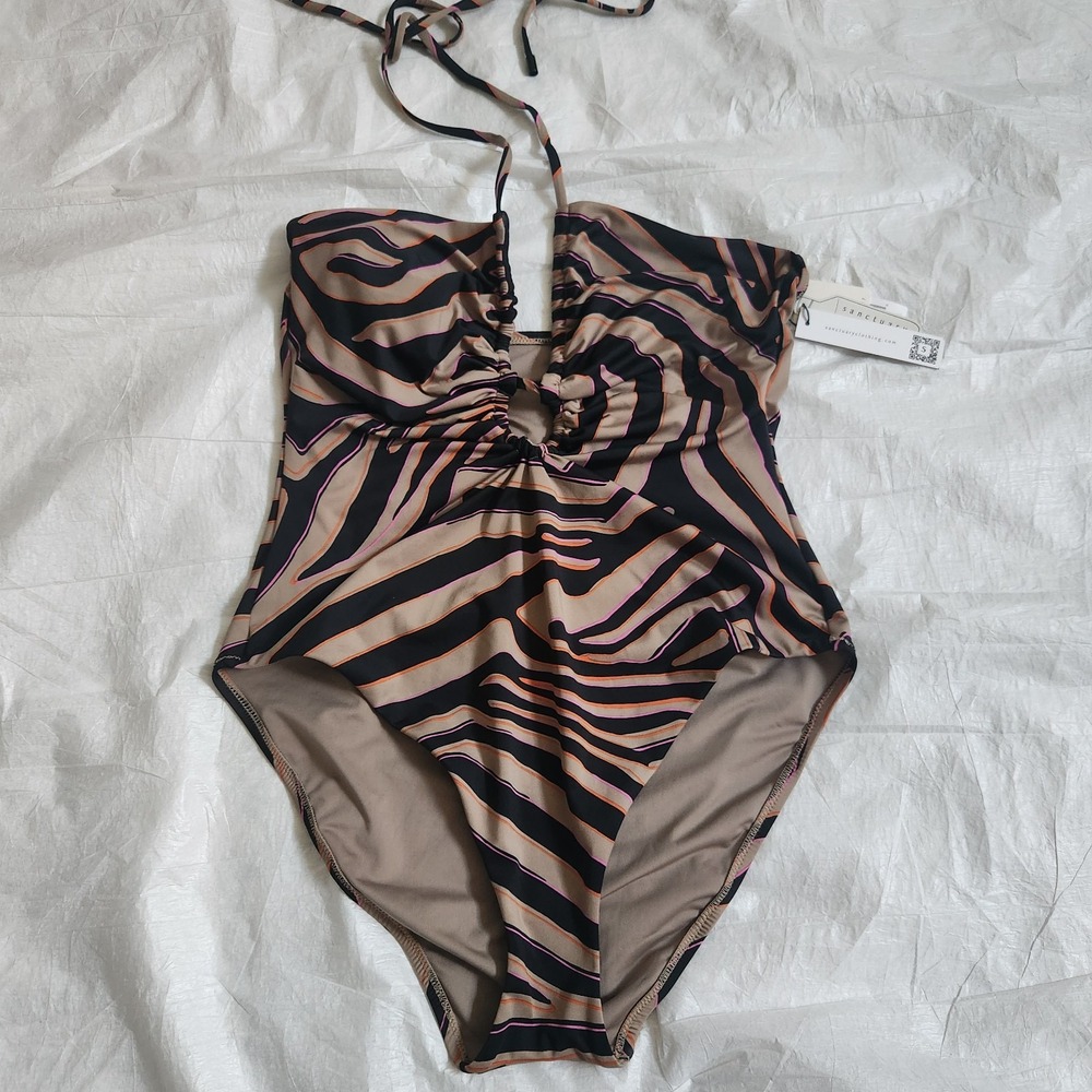 New Sanctuary One Piece Swimsuit XL Flax Zebra Print Cut Out Halter NWT Recycled